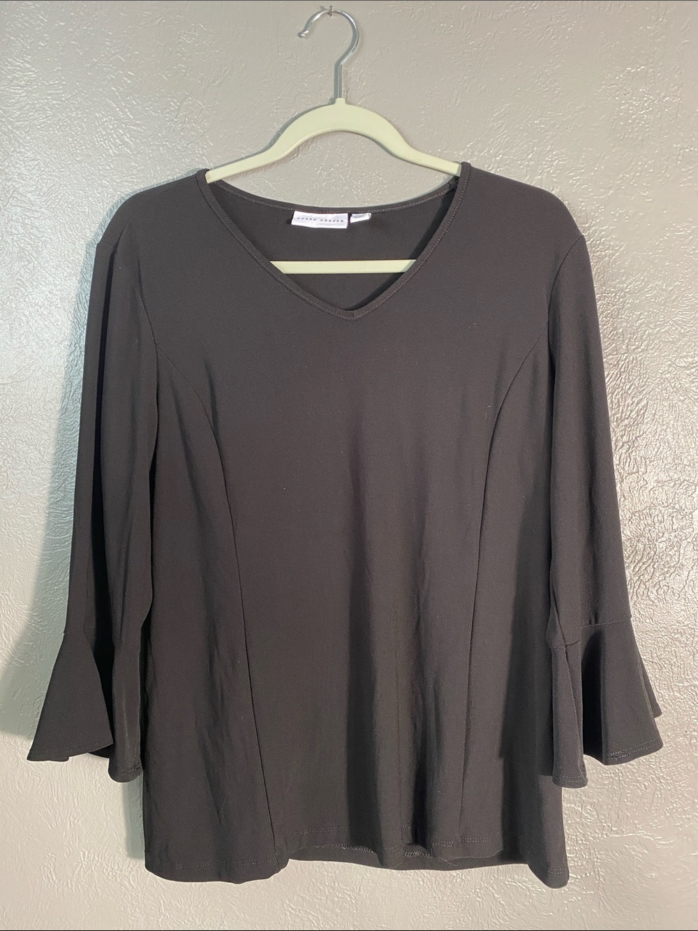 Susan Graver Bell Sleeve Top Medium Black V Neck Flowy Stretch Career Blouse